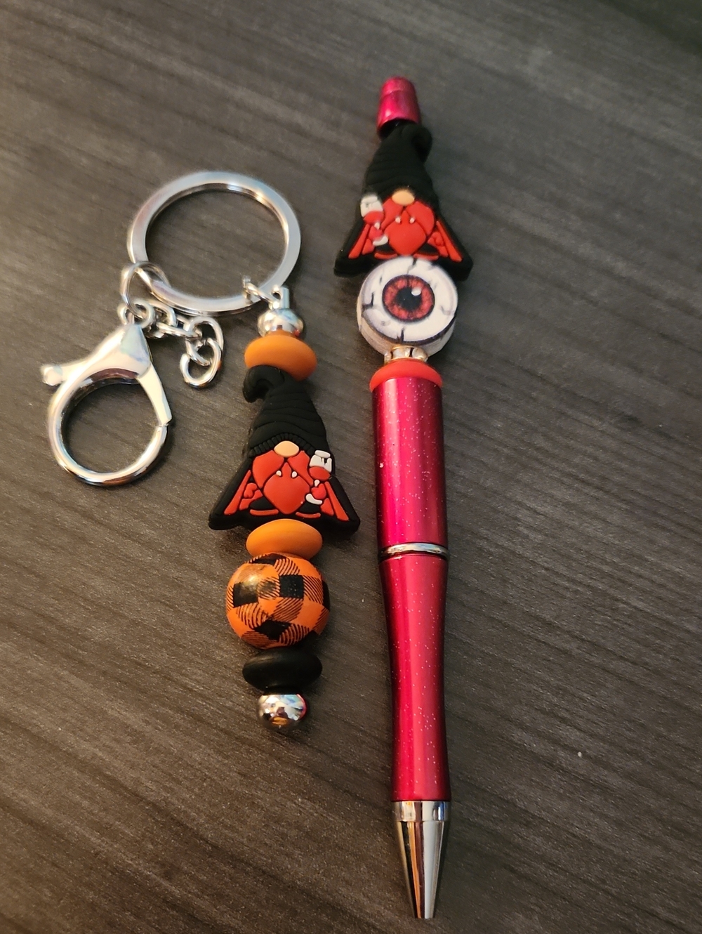 Red Dracula Gnome With Wine Beaded Pen And Keychain - Red, Black And Orange